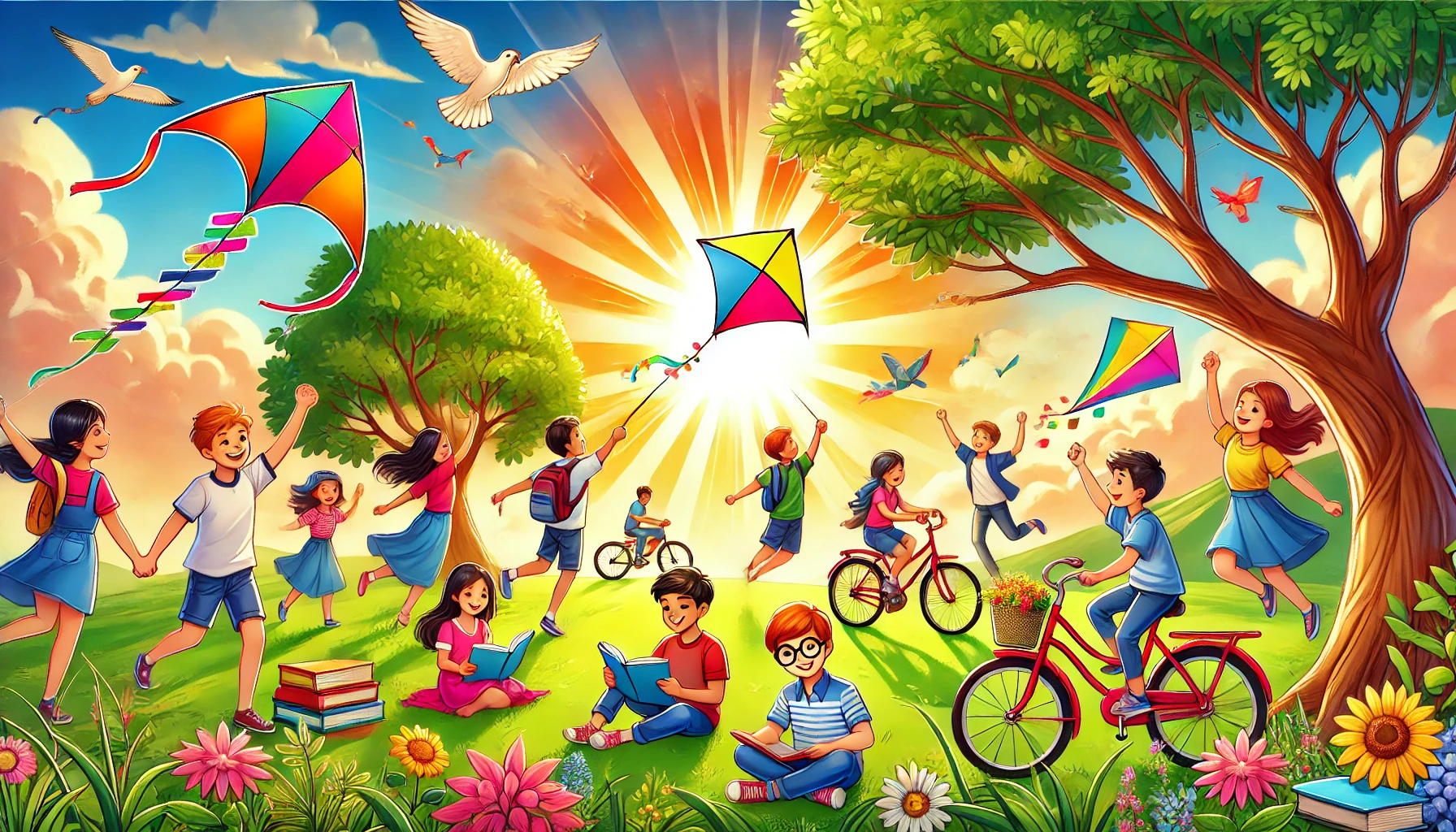DALL·E 2025-02-24 19.55.23 – A vibrant and cheerful scene of students enjoying their holiday. The image features a group of children playing outdoors in a sunny park, some flying